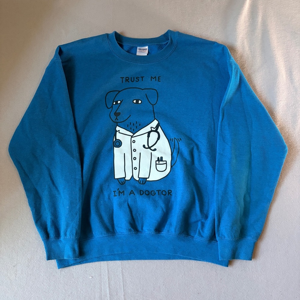 Gildan Heavy Blend Trust Me Im a Dogtor Blue Graphic Sweatshirt‎ Mens L Humor